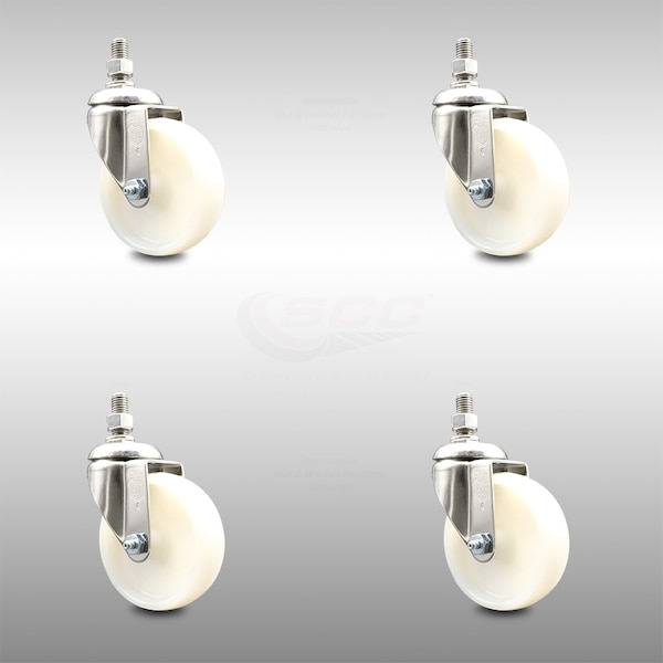 4 Inch 316SS Nylon Wheel Swivel 12mm Threaded Stem Caster Set